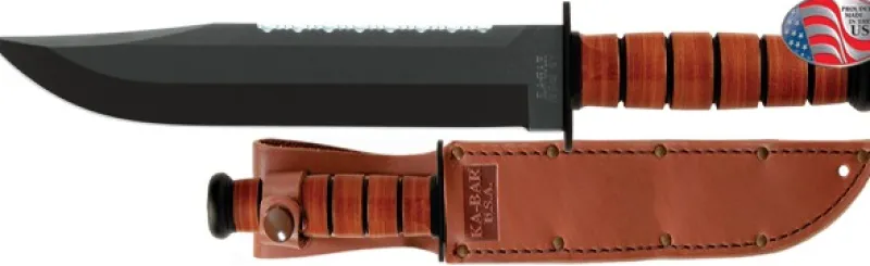 Ka-bar Hunting Knives|Flies>KB2217 Big Brother Leather Handle Knife with Brown Leather Sheath Serrated Top