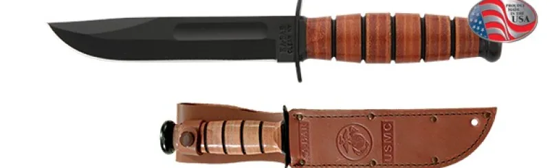 Ka-bar Hunting Knives|Flies>KB1250 USMC Short Knife with Brown Leather Sheath Straight Edge