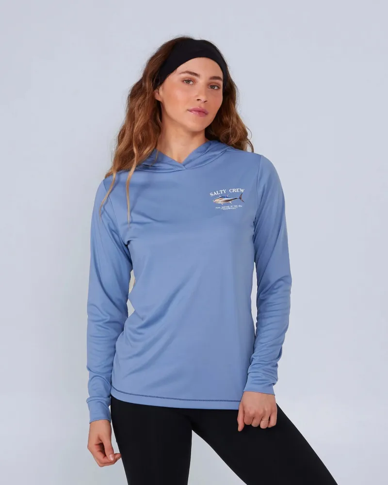 Women Salty Crew Long Sleeve Shirts Womens|Long Sleeve Shirts Mens>Big Blue Hooded Sunshirt Wmns Blue Dusk